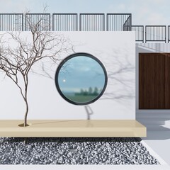Minimal style white wall there is a reflective window wooden door entrance and the sun shines down on the shadow of the trees on the white wall.3d rendering