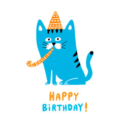 Happy Birthday Cat illustration, for cards, invitations and decoration.