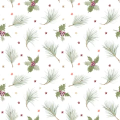 Tuinposter Watercolor illustration. Seamless Christmas pattern with pine branches, holly and stars © mariia_tilman_art
