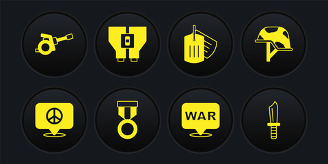 Set Location peace, Military helmet, reward medal, The word, dog tag, Binoculars, knife and Howitzer icon. Vector