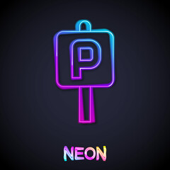 Glowing neon line Parking icon isolated on black background. Street road sign. Vector