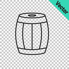 Fototapeta na wymiar Black line Wooden barrel icon isolated on transparent background. Alcohol barrel, drink container, wooden keg for beer, whiskey, wine. Vector