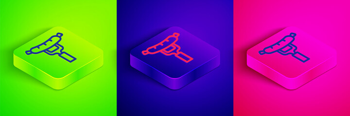 Isometric line Sausage on the fork icon isolated on green, blue and pink background. Grilled sausage and aroma sign. Square button. Vector
