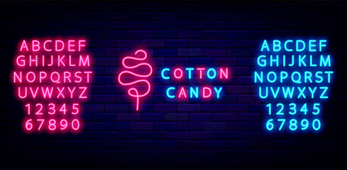 Fototapeta premium Cotton candy neon sign with alphabet. Sweet bar logo. Cake store. Child dessert on party. Isolated vector illustration