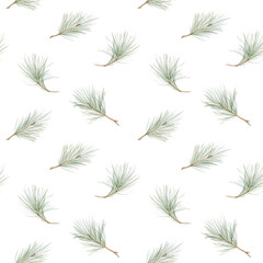Watercolor illustration. Seamless Christmas pattern with pine branches, holly and stars