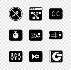Set Mute microphone, Video recorder or editor, Subtitles, Sound mixer controller, Music video settings, Vinyl player with vinyl disk, Stopwatch and Audio jack icon. Vector
