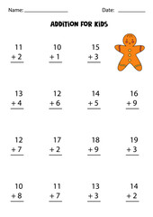Addition worksheet with cartoon gingerbread cookie. Math game.