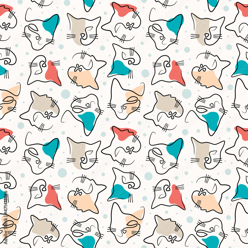 Poster continuous one single line of cute cat faces colorful seamless pattern isolated on white background 
