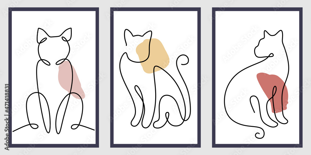 Poster continuous one single line of three cute cats in surreal style isolated on grey background.