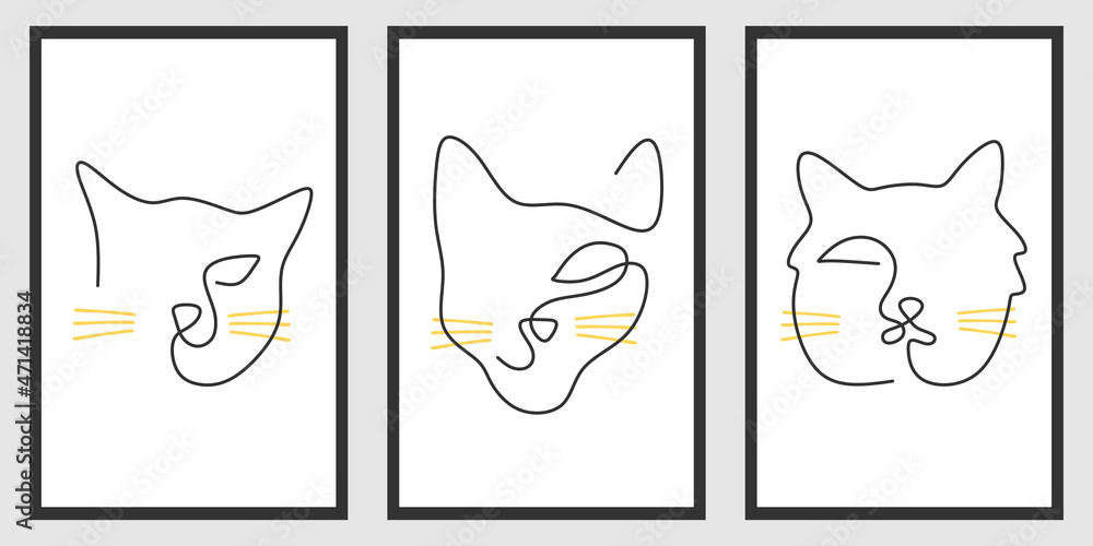 Poster continuous one single line of surreal abstract cat faces isolated on white background.