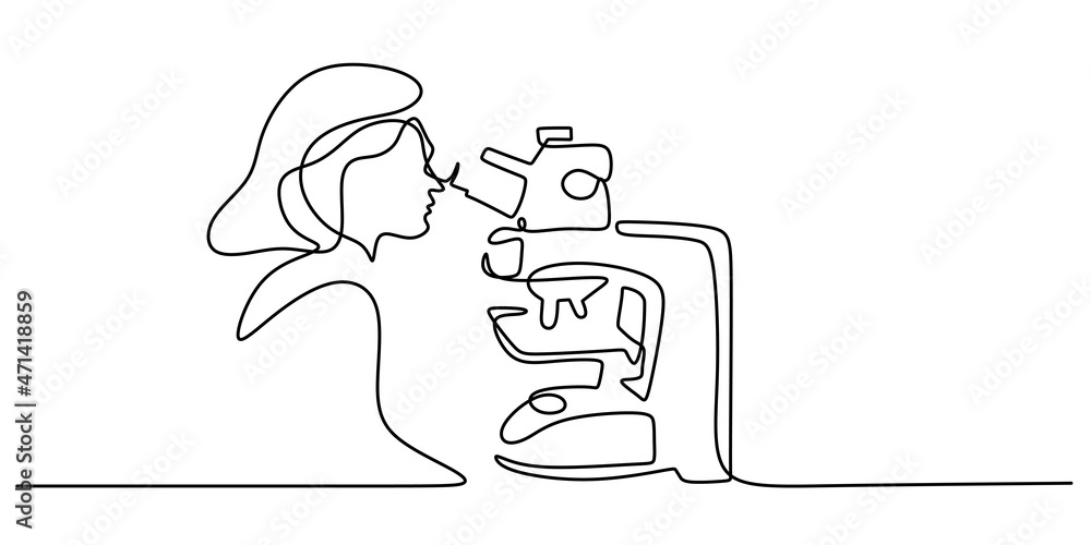 Poster continuous one single line of woman scientist using microscope isolated on white background.
