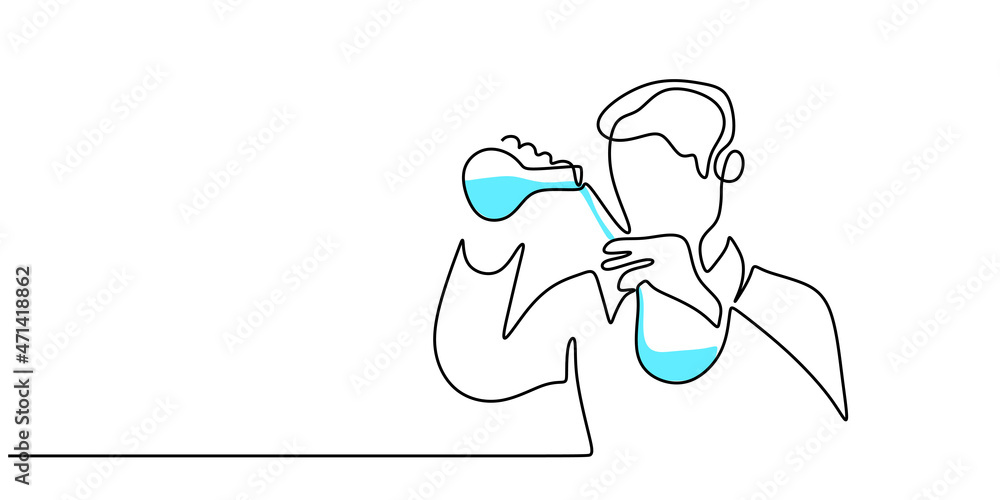 Poster continuous one single line of scientist doing experiment isolated on white background.