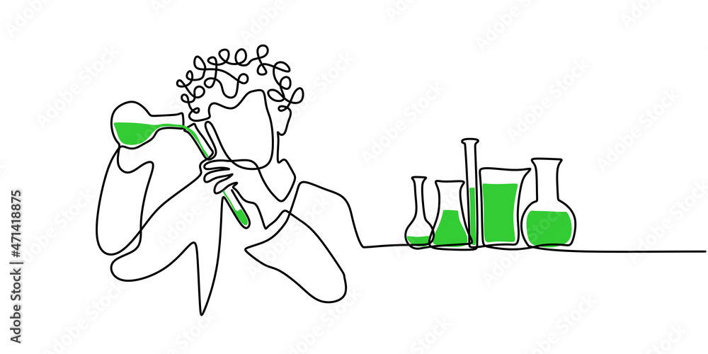 Poster continuous one single line of nerd scientist doing experiment isolated on white background.