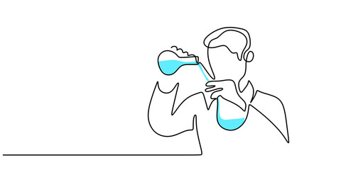 Continuous one single line of scientist doing experiment isolated on white background.