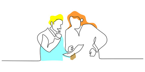 Continuous one single line of two scientist discussion isolated on white background.