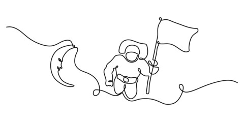 Continuous one single line of astronaut flying to the moon isolated on white background.