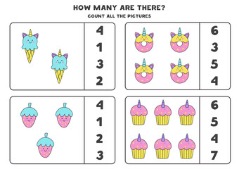 Counting game with cute colorful pictures. Educational worksheet.