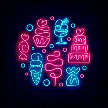 Sweets one line drawing neon circle layout. Candy shop shiny signboard. Night bright logo. Vector stock illustration