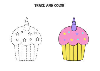 Trace and color cute unicorn cupcake. Worksheet for girls.