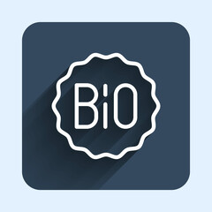 White line Banner, label, tag, logo for bio green healthy food icon isolated with long shadow background. Organic product. Healthy food sticker. Blue square button. Vector
