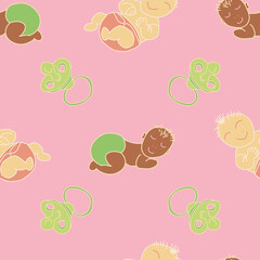 Vector Pink Baby Girl and Boy with pacifier seamless background pattern
