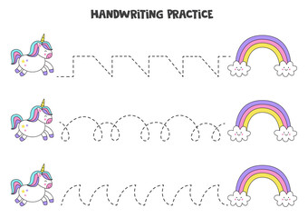 Tracing lines with cute unicorn and rainbow. Writing practice.