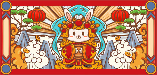 Hand drawn cartoon Chinese Mid Autumn New Year rabbit Zodiac illustration design 