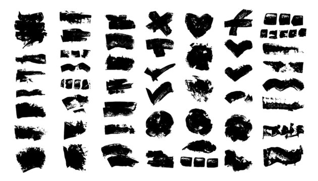Vector set with brush strokes, texture hand drawn illustration. Black spot on the white background.