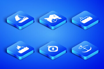 Set Anchor, Yacht sailboat, Compass, Iceberg, Pirate treasure map and Submarine icon. Vector