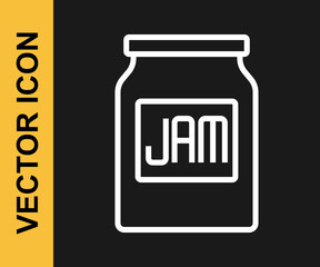 White line Jam jar icon isolated on black background. Vector
