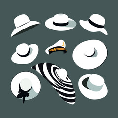 Digital illustration set of beautiful stylish white beach and leisure hats for women and men