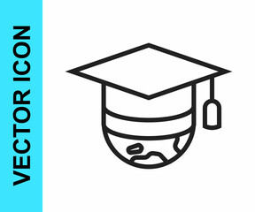 Black line Graduation cap on globe icon isolated on white background. World education symbol. Online learning or e-learning concept. Vector