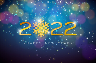 2022 Happy New Year Illustration with Shiny Gold Number, Glittered Snowflake and Falling Confetti on Blurry Blue Background. Vector Christmas Holiday Season Design for Flyer, Greeting Card, Banner