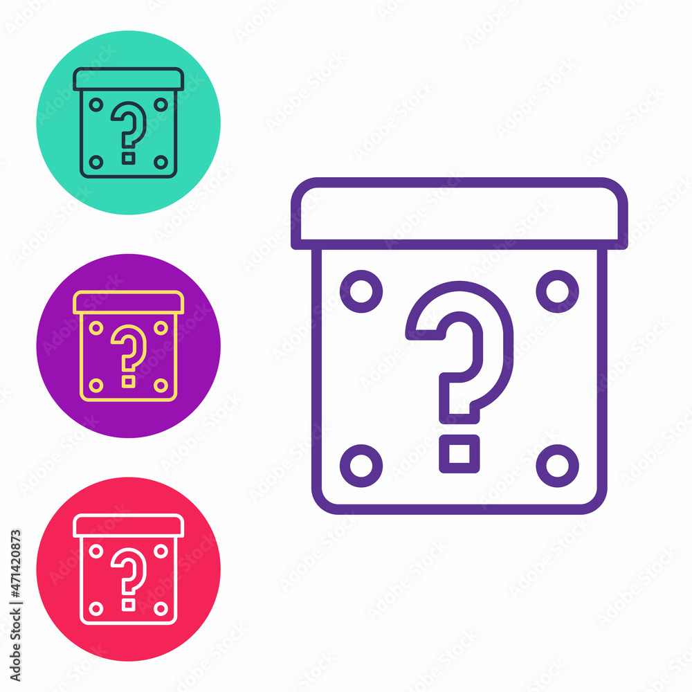 Poster set line mystery box or random loot box for games icon isolated on white background. question mark. 