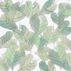 Ilustracja motyw roślinny delikatne pastelowe liście na białym tle - obrazy, fototapety, plakaty