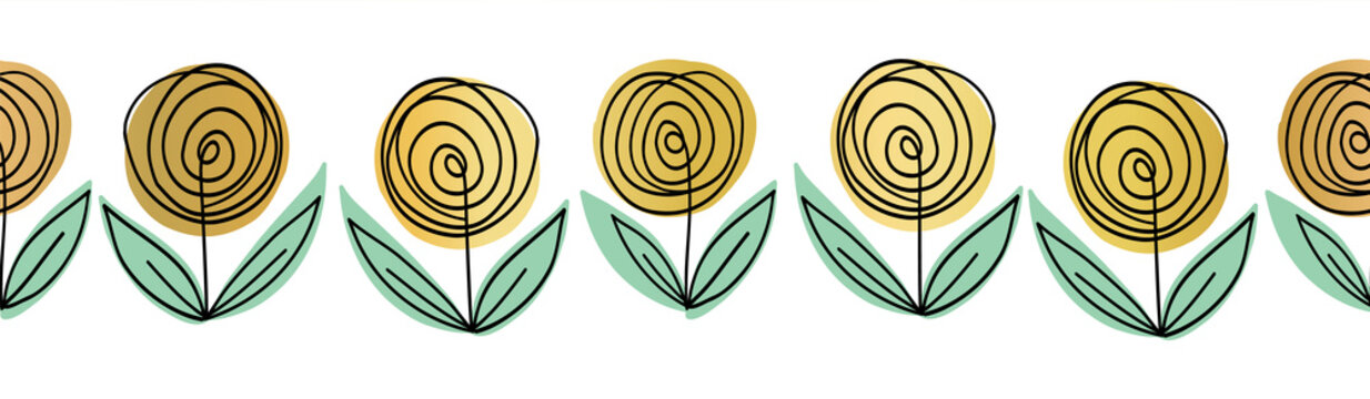 Seamless border flowers gold foil effect. Modern horizontal doodle line art pattern decorative metallic golden florals. Vector sketch illustration isolated on white background. Elegant border, footer.