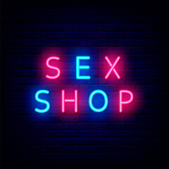 Sex shop neon text signboard. Night bright promotion on brick wall background. Vector stock illustration