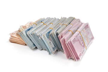 Stack of Turkish Lira banknotes isolated on white background 