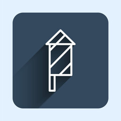 White line Firework rocket icon isolated with long shadow background. Concept of fun party. Explosive pyrotechnic symbol. Blue square button. Vector