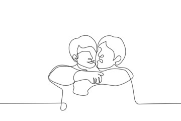 two friends hug, one does not like skinship and other rubs against his face tightly clasping neck - one line drawing vector. concept of hugging tactile and non tactile person