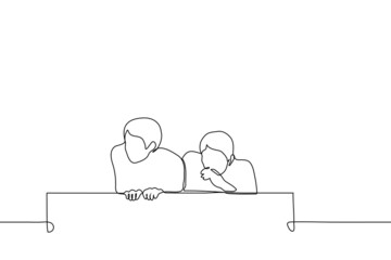 two men crouching hiding and peeping and eavesdropping on someone - one line drawing vector. concept of gossips, onlookers, passers by, curious