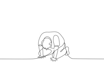 man with his head bowed lies on all fours on the floor - one line drawing vector. concept of suffering, devastation, crisis, despair, fatigue