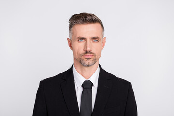 Photo of smart clever mature accountant dressed black suit isolated grey color background