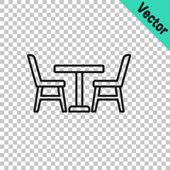 Black line Wooden table with chair icon isolated on transparent background. Vector