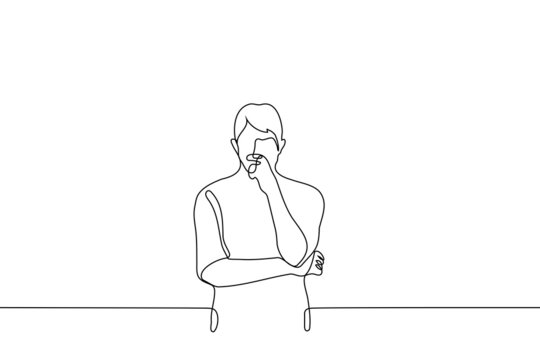 recommend clip art: man stands tensely thinking he crossed his arms with one hand to his face - one line drawing vector. concept of brainstorming, intelligent person ponders, make a decision, reflection