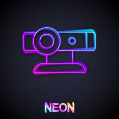 Glowing neon line Web camera icon isolated on black background. Chat camera. Webcam icon. Vector