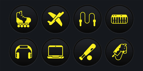 Set Headphones, Music synthesizer, Laptop, Baseball bat with ball, Jump rope, Toy plane, horse and Roller skate icon. Vector