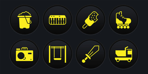 Set Photo camera, Roller skate, Swing, Sword toy, Ice cream, Music synthesizer, Toy truck and Sand bucket icon. Vector