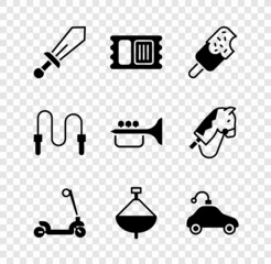 Set Sword toy, Circus ticket, Ice cream, Roller scooter, Whirligig, Radio controlled car, Jump rope and Trumpet icon. Vector
