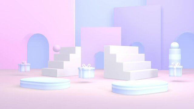 Looped minimal product display podiums, stairs, bouncing balls, and gifts animation.